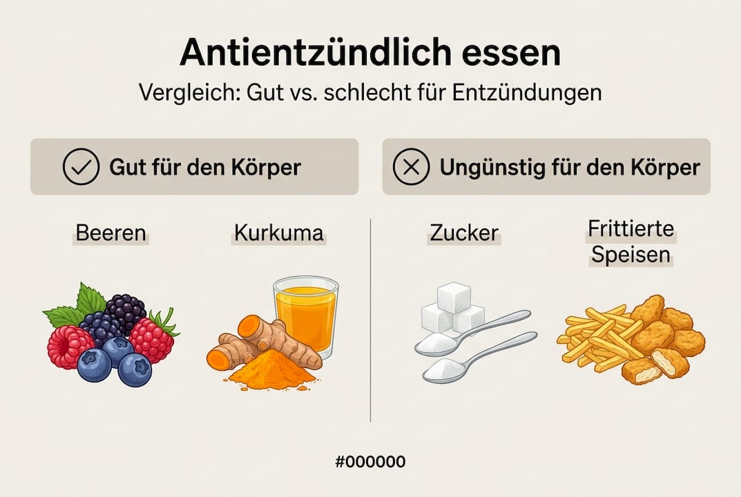 Diese Infografik gibt einen Überblick darüber, welche Lebensmittel Entzündungen im Körper begünstigen und welche sie hemmen können.
