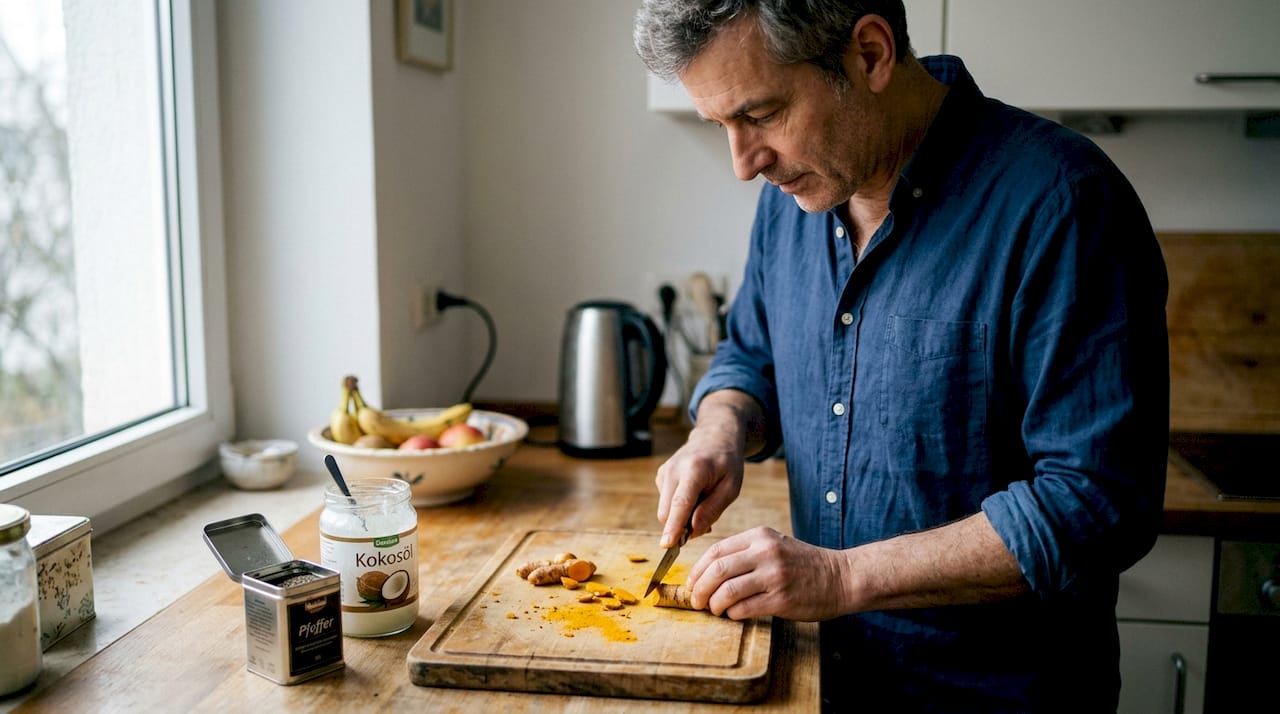 Ein Mann schneidet frische Kurkuma für ein ganz normales Alltagsgericht in der heimischen Küche.