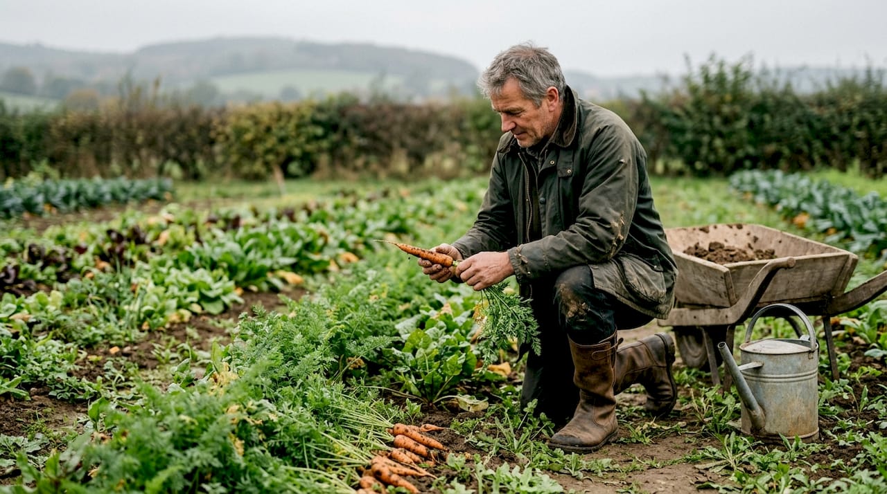 Ein Landwirt begutachtet seine Karotten auf einem biodynamisch bewirtschafteten Feld.