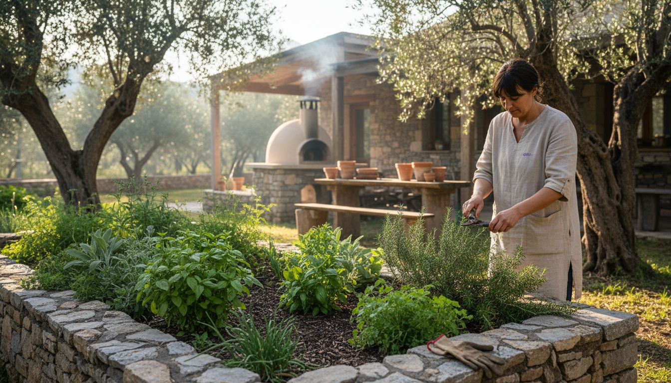 Eco-lodge gardener tending Moroccan herbs