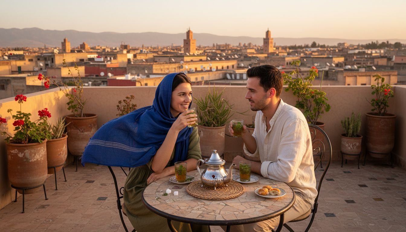 Couple enjoying tea on Marrakech riad rooftop