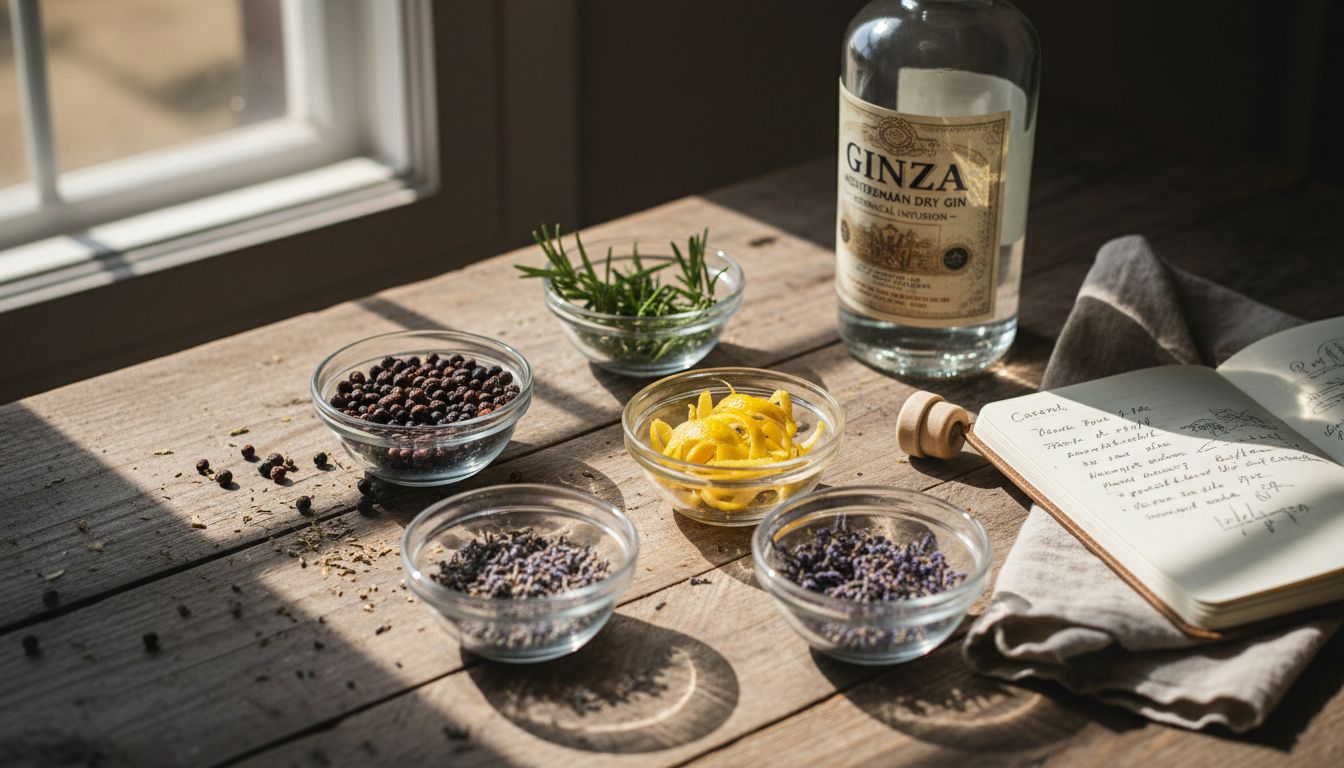 Botanicals for Mediterranean gin on rustic table