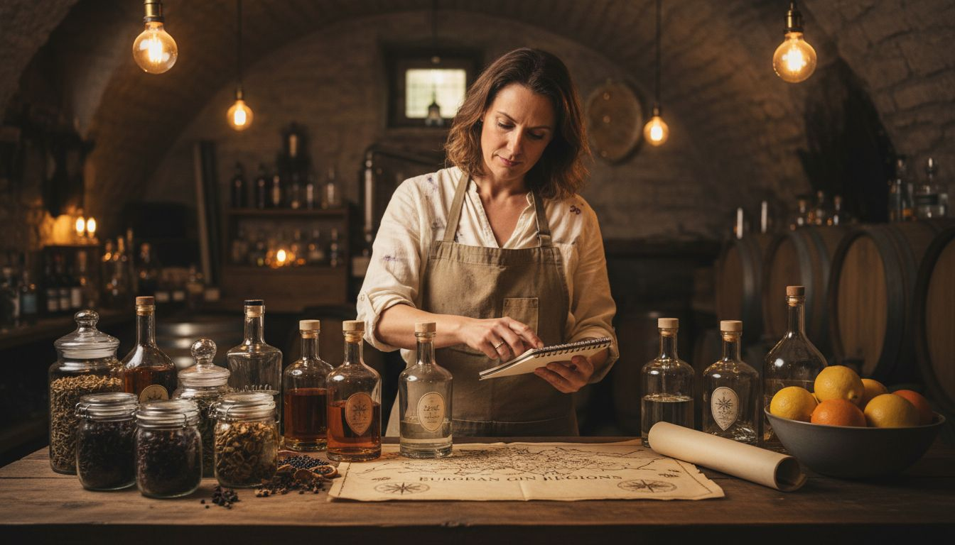Gin expert arranging bottles distillery counter