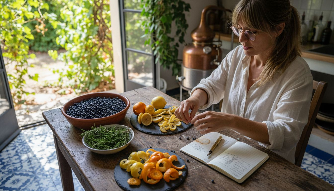 Distiller sorting gin botanicals on table