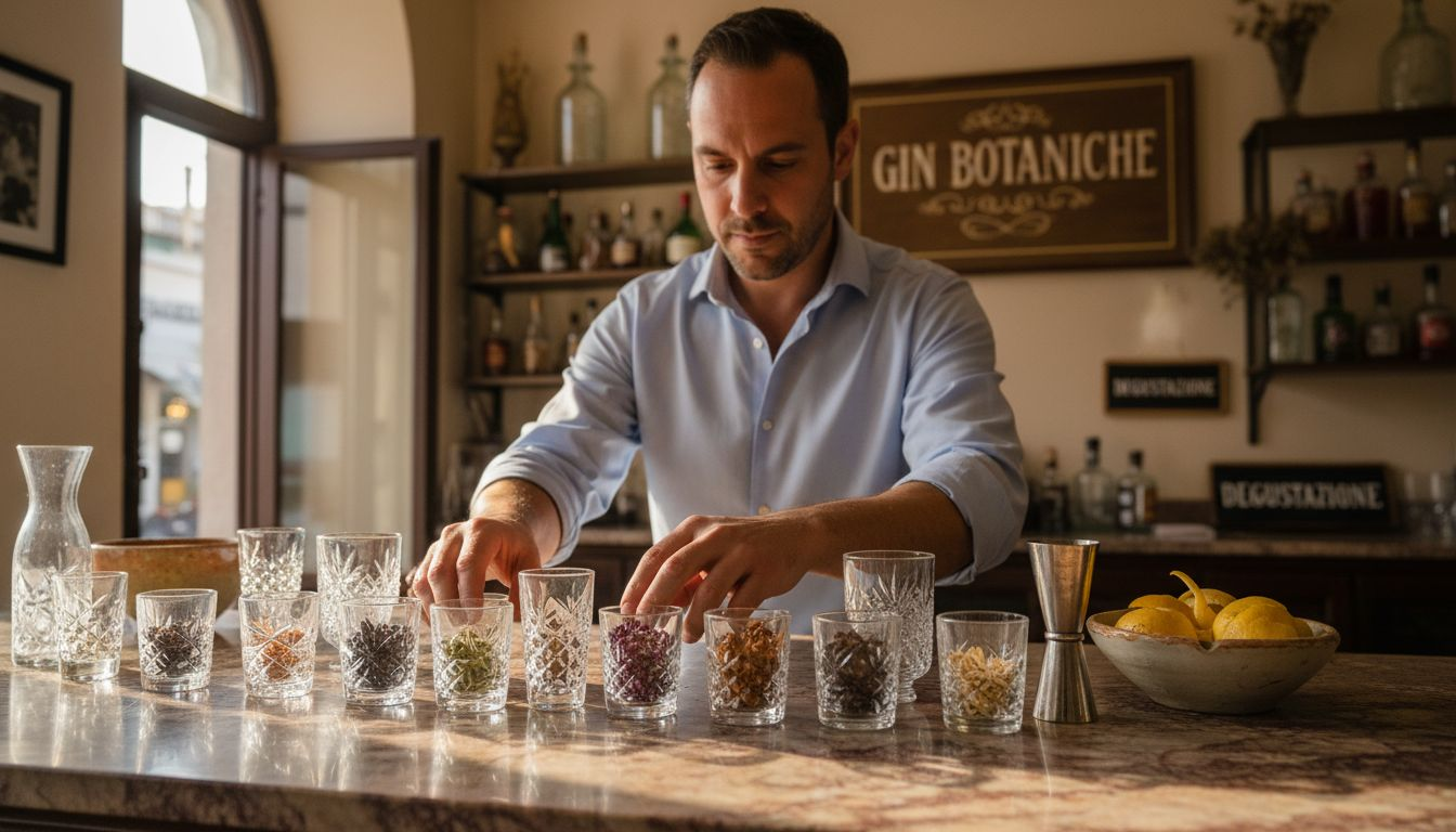 Il bartender dispone con cura le botaniche del gin sul bancone, invitando gli ospiti a scoprirne profumi e sapori.