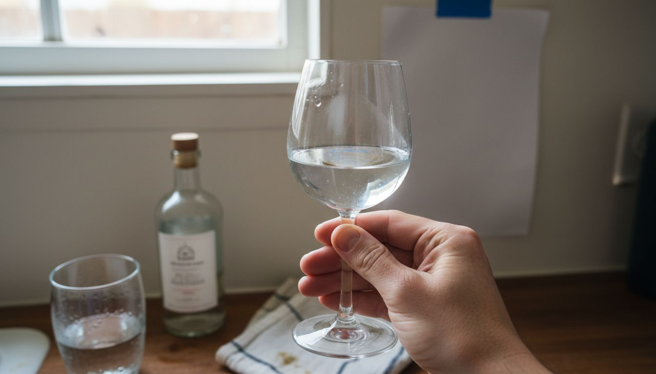 Hand holds gin glass for clarity check