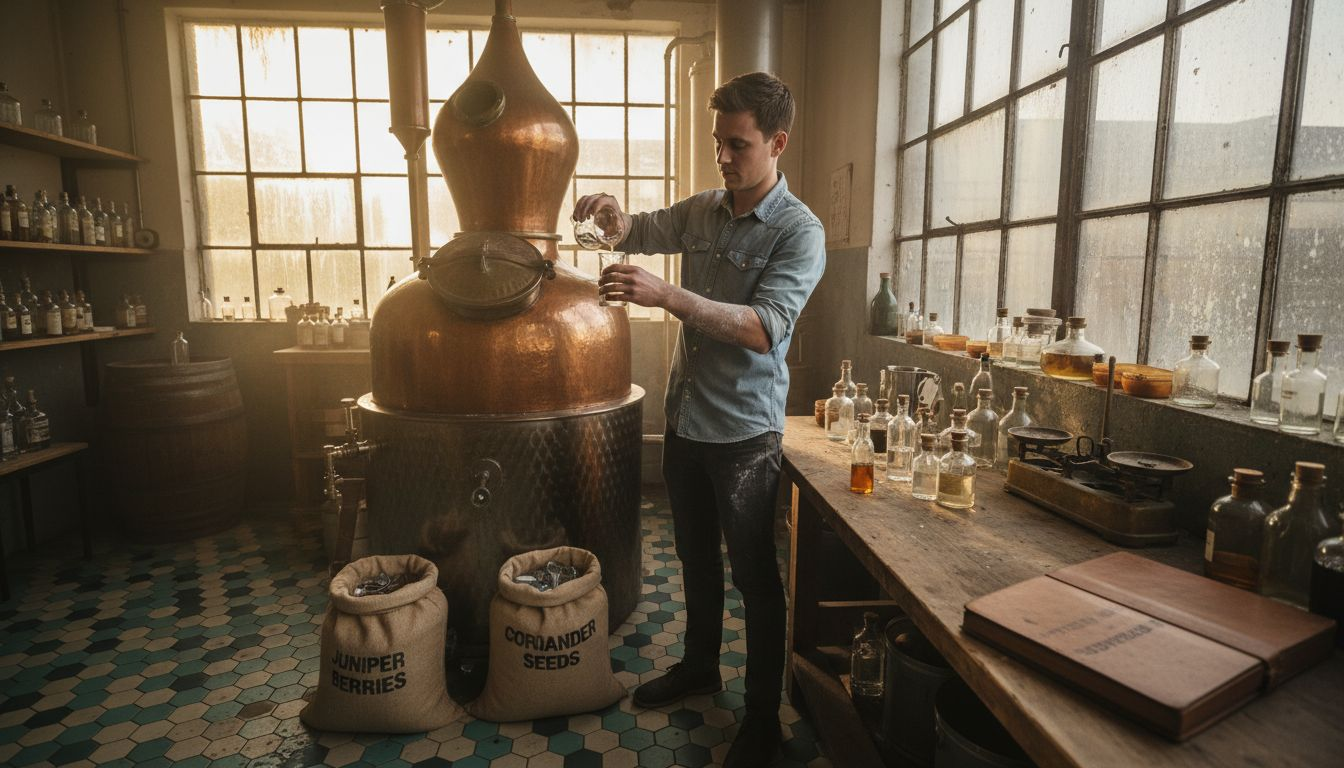 Distiller working in small craft gin distillery
