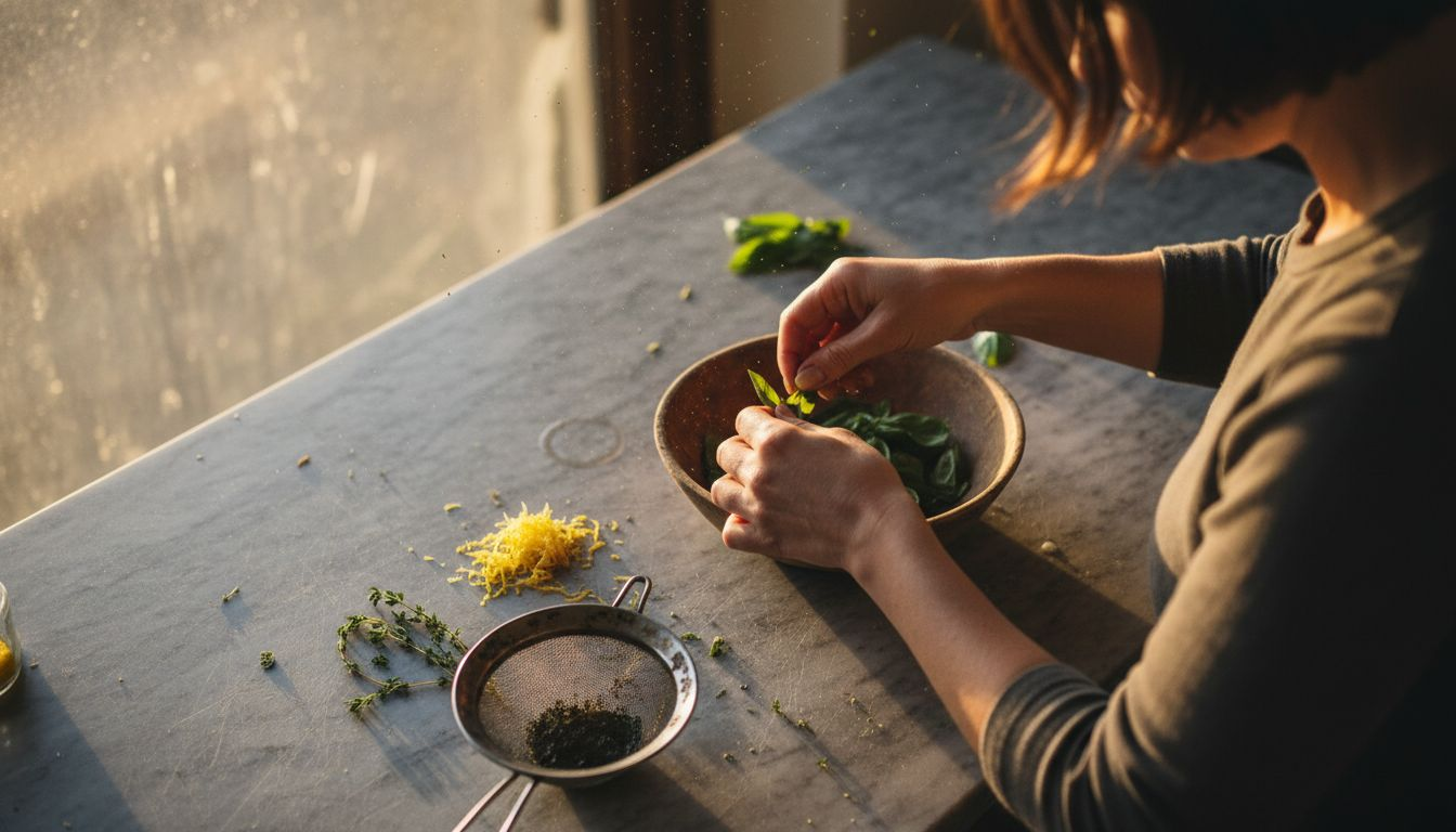 Closeup of herbs prepared for gin