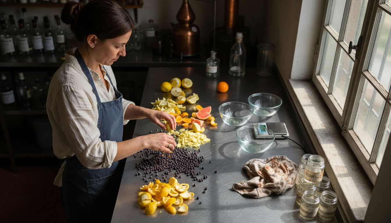 Il mastro distillatore seleziona con cura le botaniche per il gin sul piano di lavoro.
