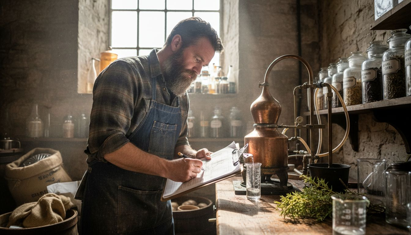 Distiller inspecting gin equipment in workshop