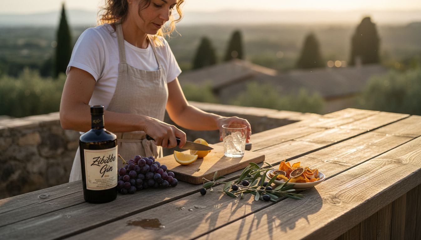 Bartender preparing gin with citrus and grapes