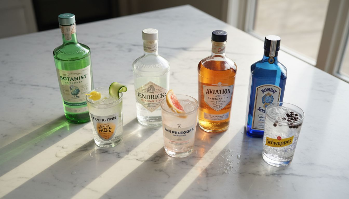 Various gins paired with tonic garnishes