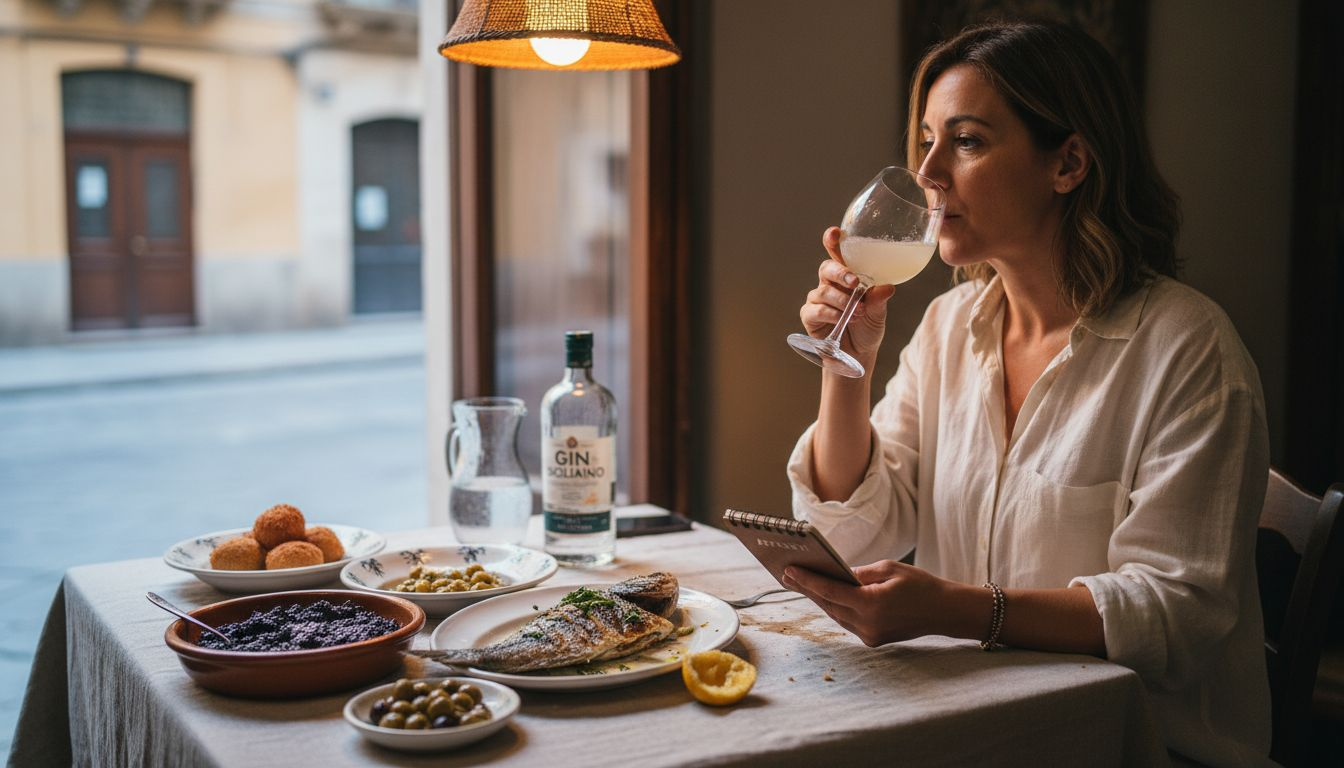 Donna che assapora un gin abbinato a piatti tipici siciliani