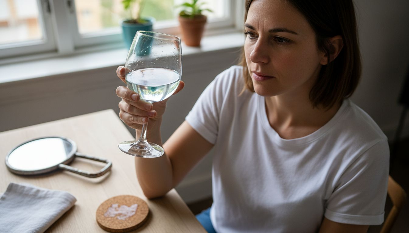 Una donna osserva attentamente il colore del gin alla luce, curiosa di scoprirne tutte le sfumature.