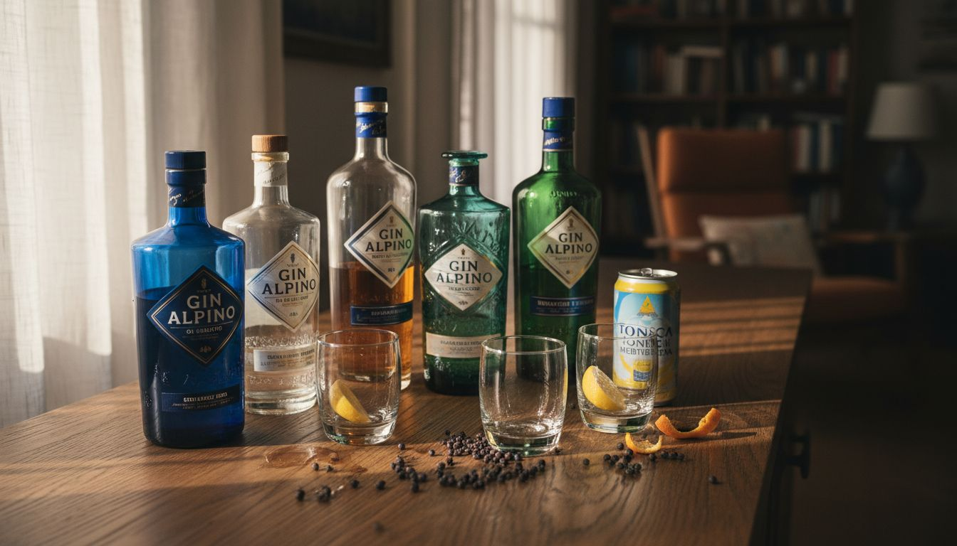 Selezione di bottiglie di gin accompagnate da una varietà di botaniche