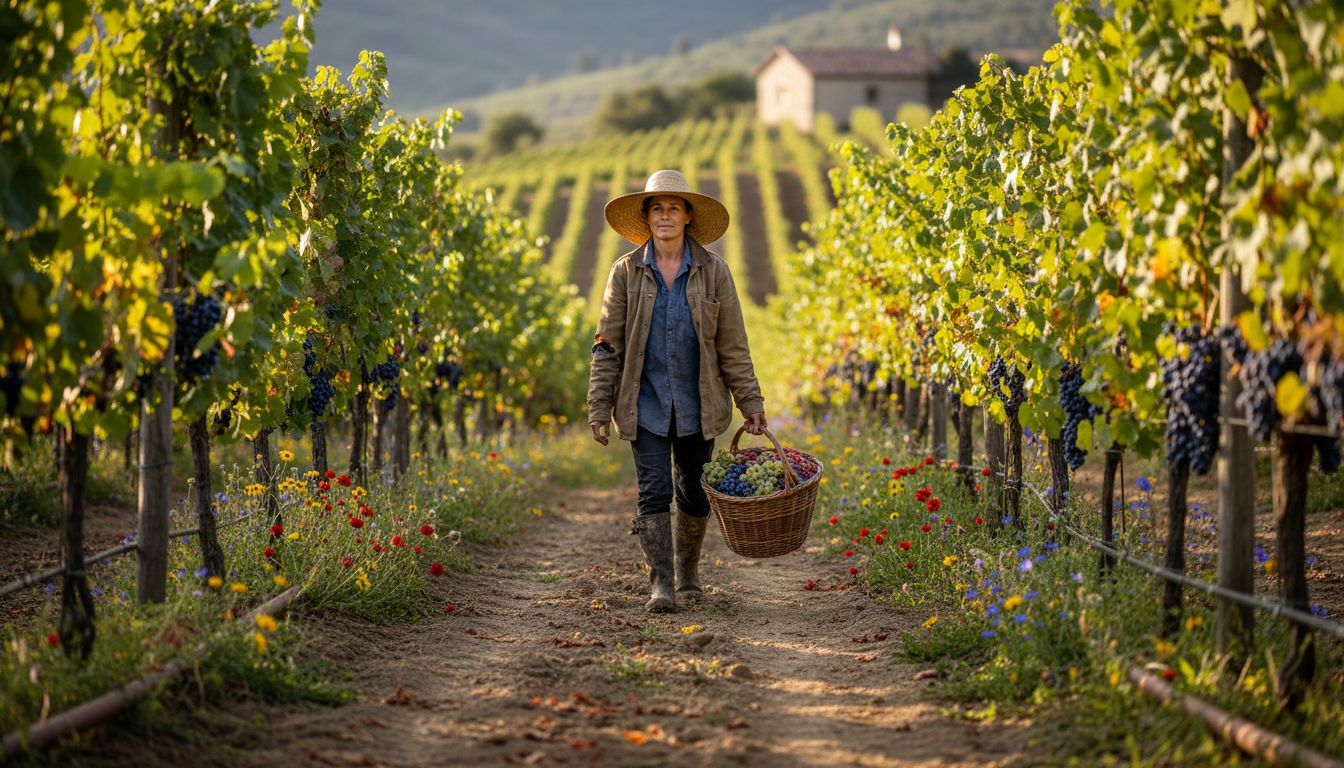 Worker collects Mediterranean grapes in vineyard