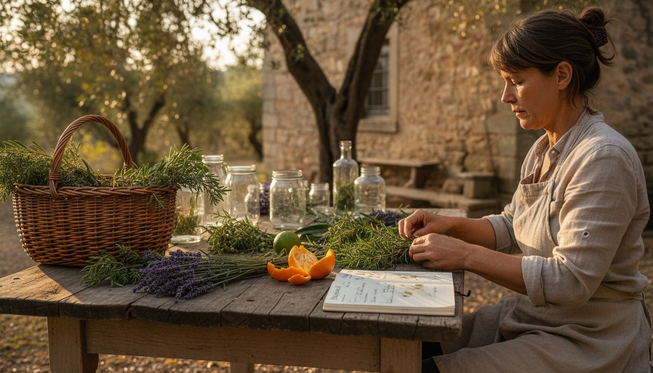 Gin maker arranging Mediterranean botanicals outside