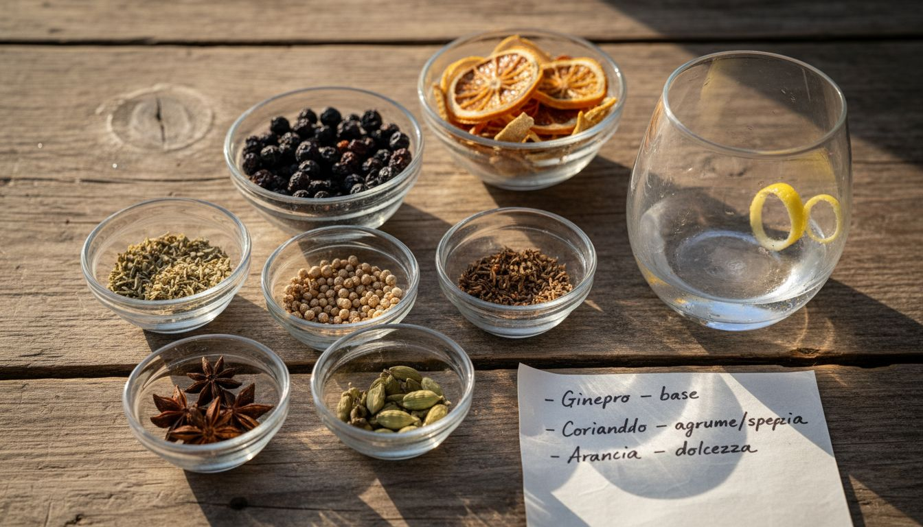 Un assortimento di botaniche per gin disposto su un tavolo da degustazione