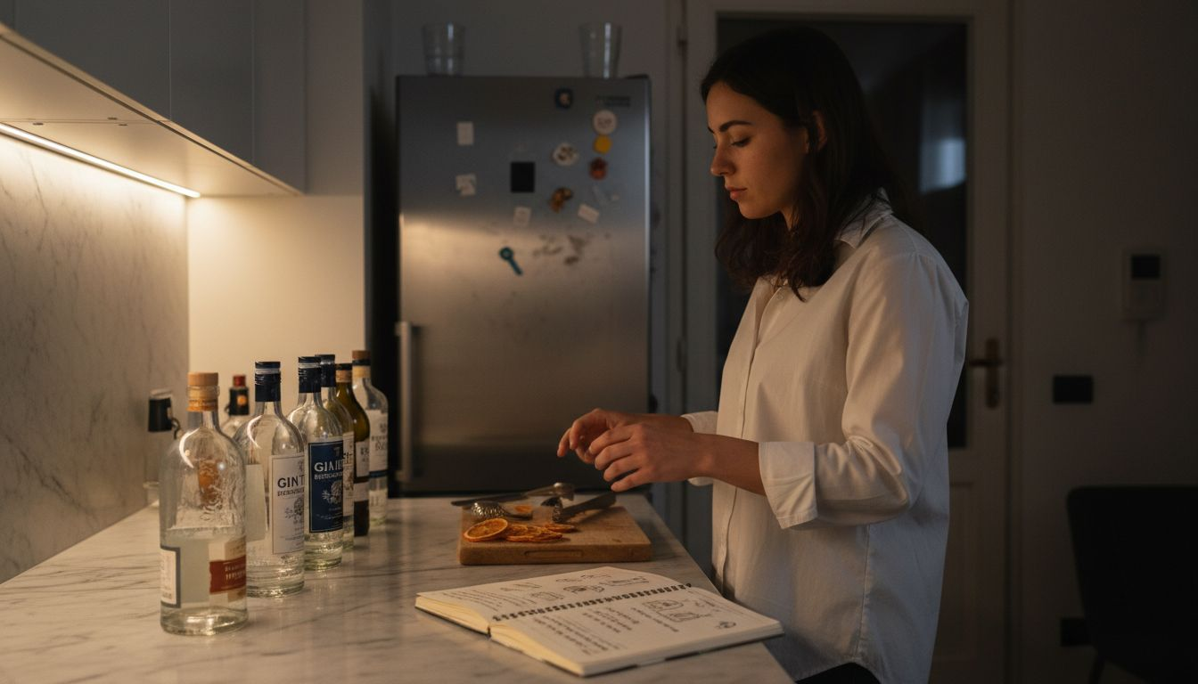 Donna intenta a scegliere la bottiglia di gin perfetta per preparare un cocktail.