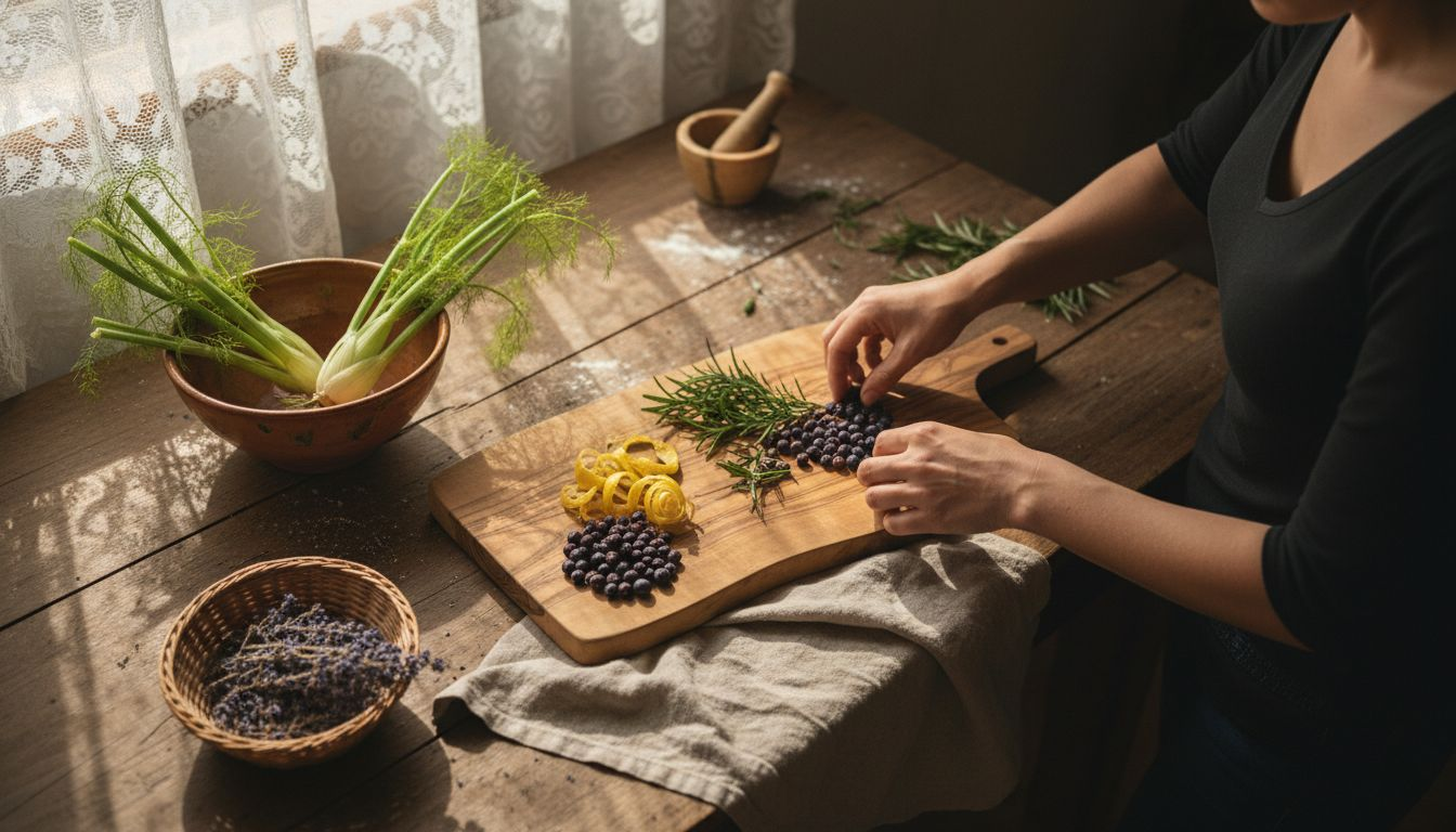 Ingredienti botanici selezionati e pronti per la preparazione del gin