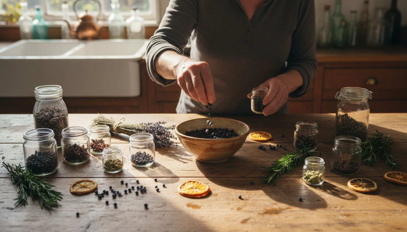 Assorted gin botanicals arranged on wooden table