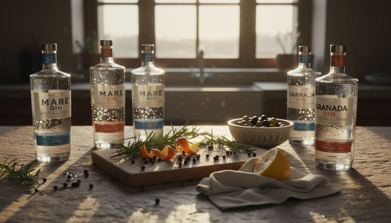 Mediterranean gin bottles with fresh botanicals