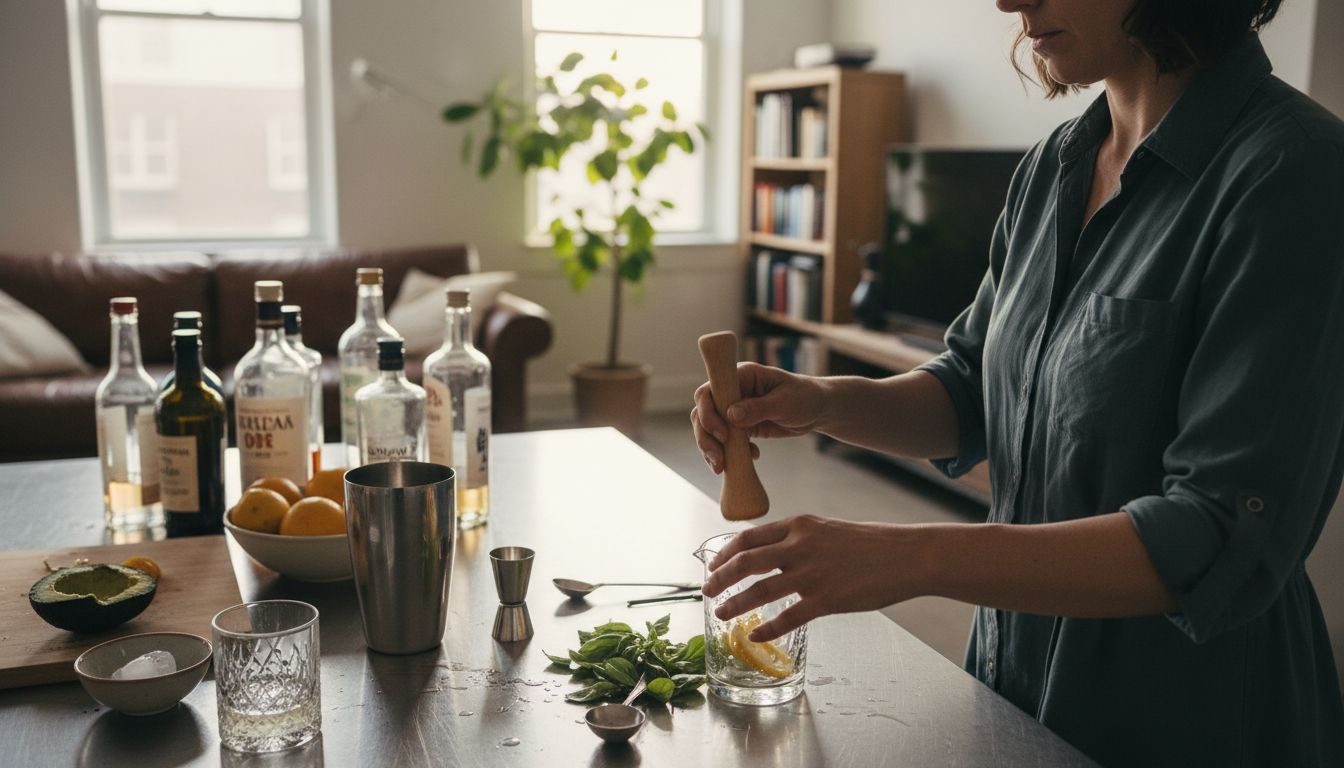Mixologist preparing fresh gin cocktail ingredients
