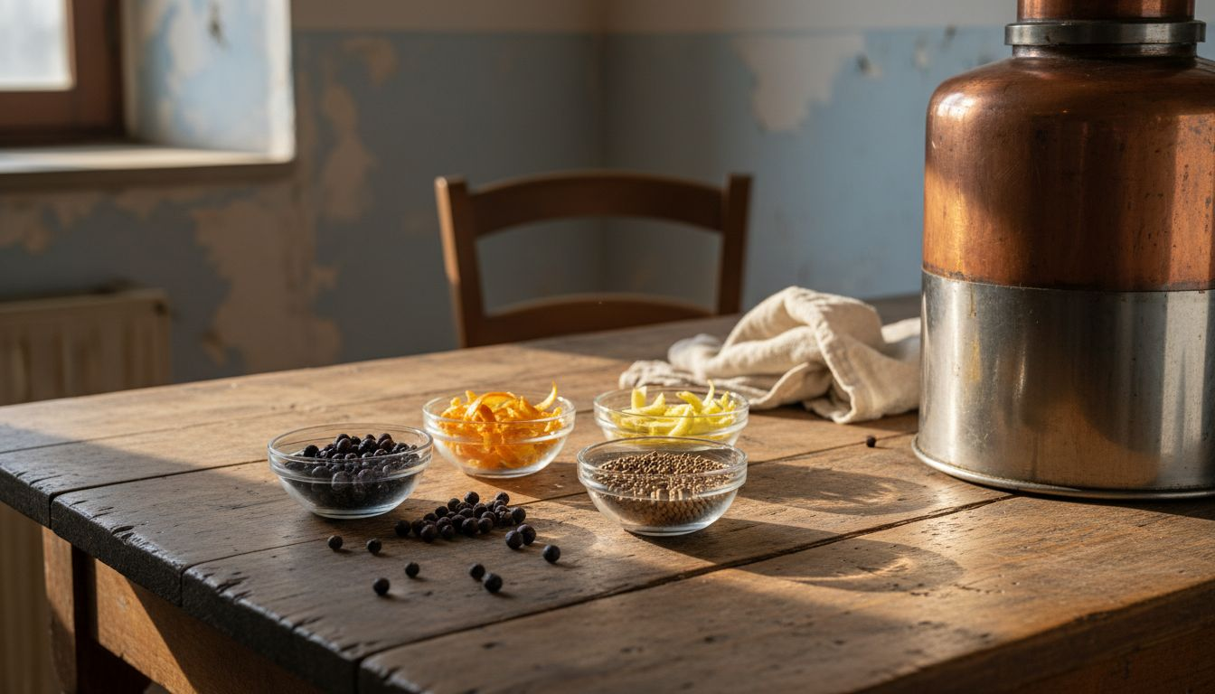 Le botaniche del gin disposte sul tavolo della distilleria