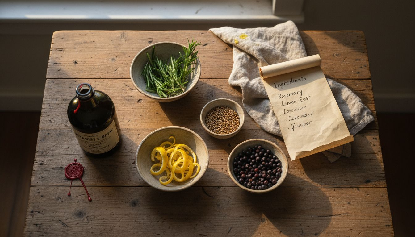Arranged Mediterranean gin botanicals on table