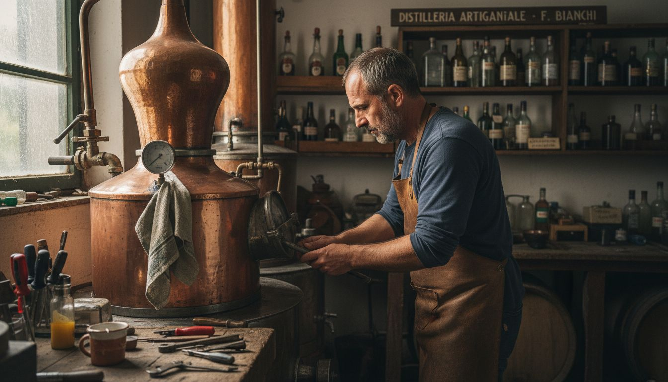 Un mastro distillatore all’opera mentre regola con cura l’alambicco in rame per la produzione del gin.