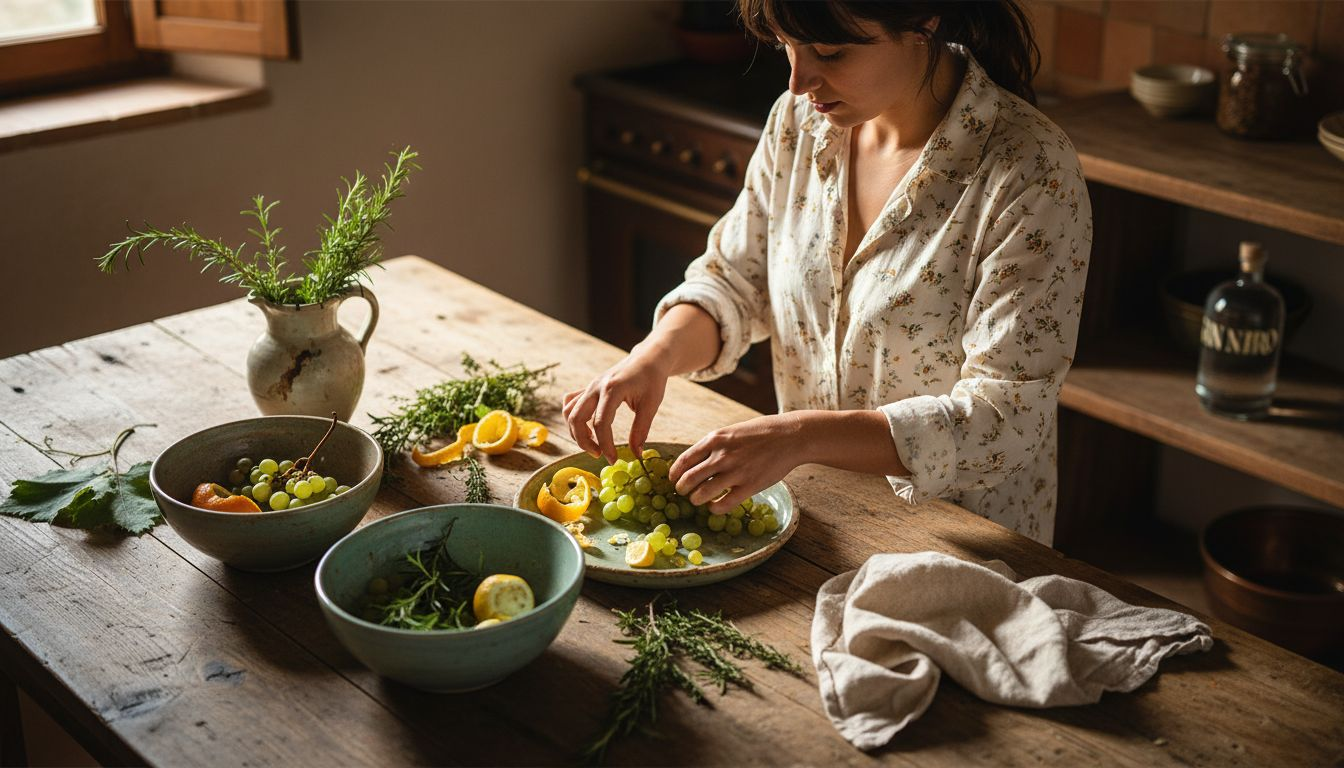 Selezionare erbe aromatiche siciliane su un tavolo rustico di cucina