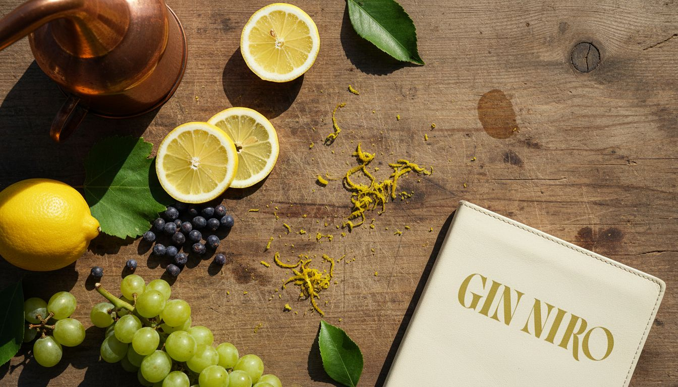 Primo piano sugli aromi siciliani per gin, disposti con cura sul tavolo.