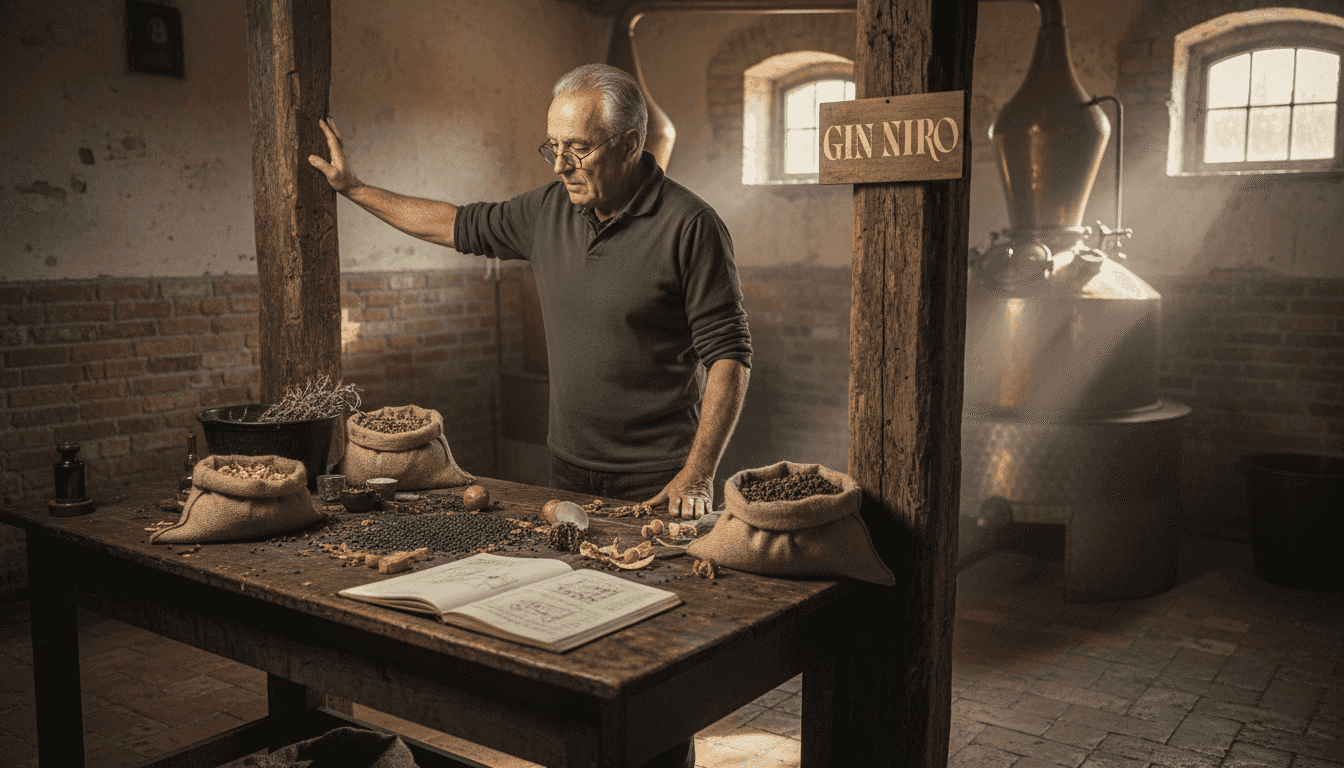 Un mastro distillatore controlla l’alambicco di rame all’interno di una distilleria dal fascino rustico.