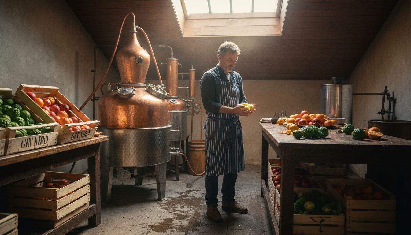 Distiller handling Sicilian citrus near copper still