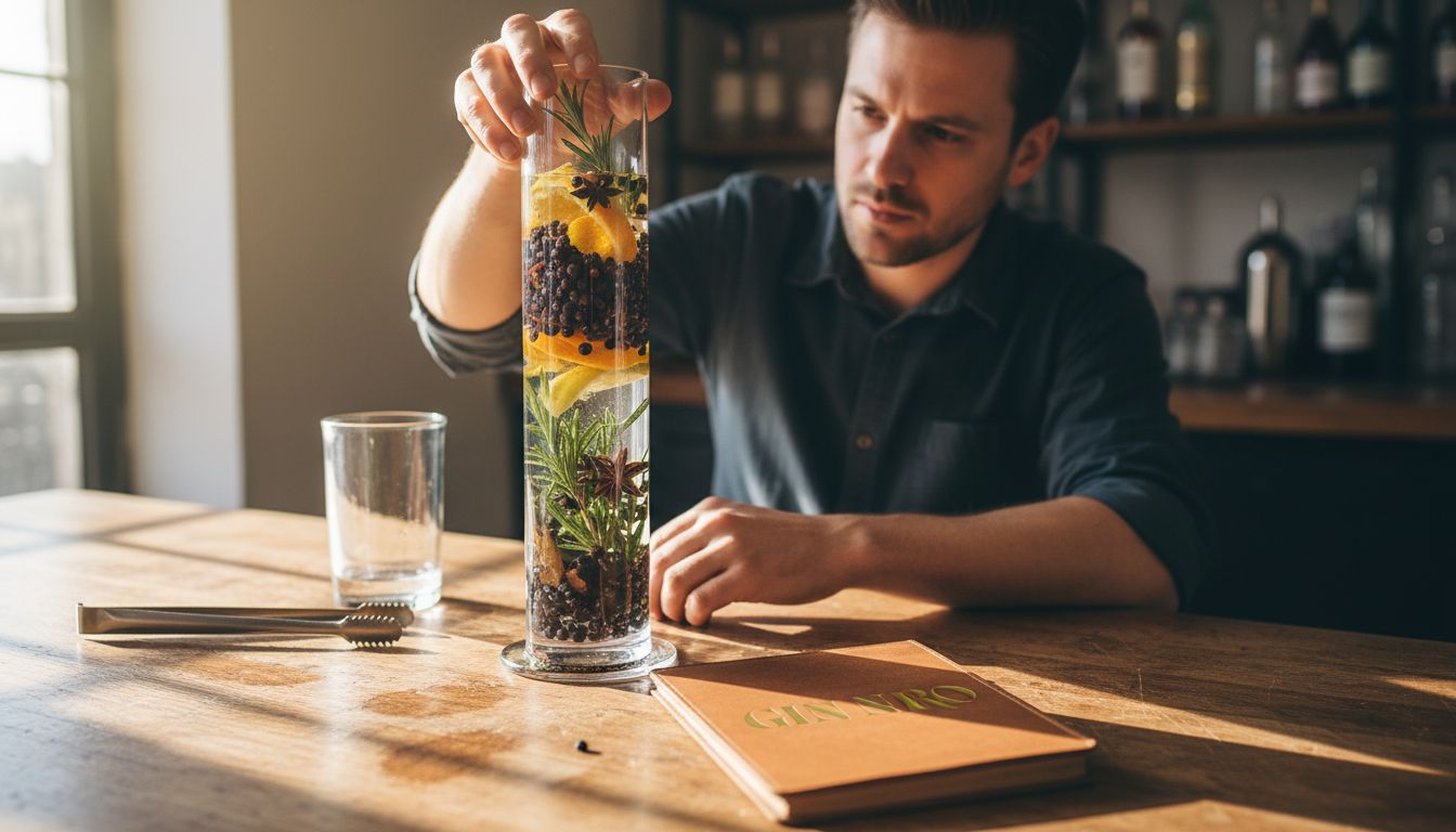 Infusione di botaniche per gin su panca in rovere