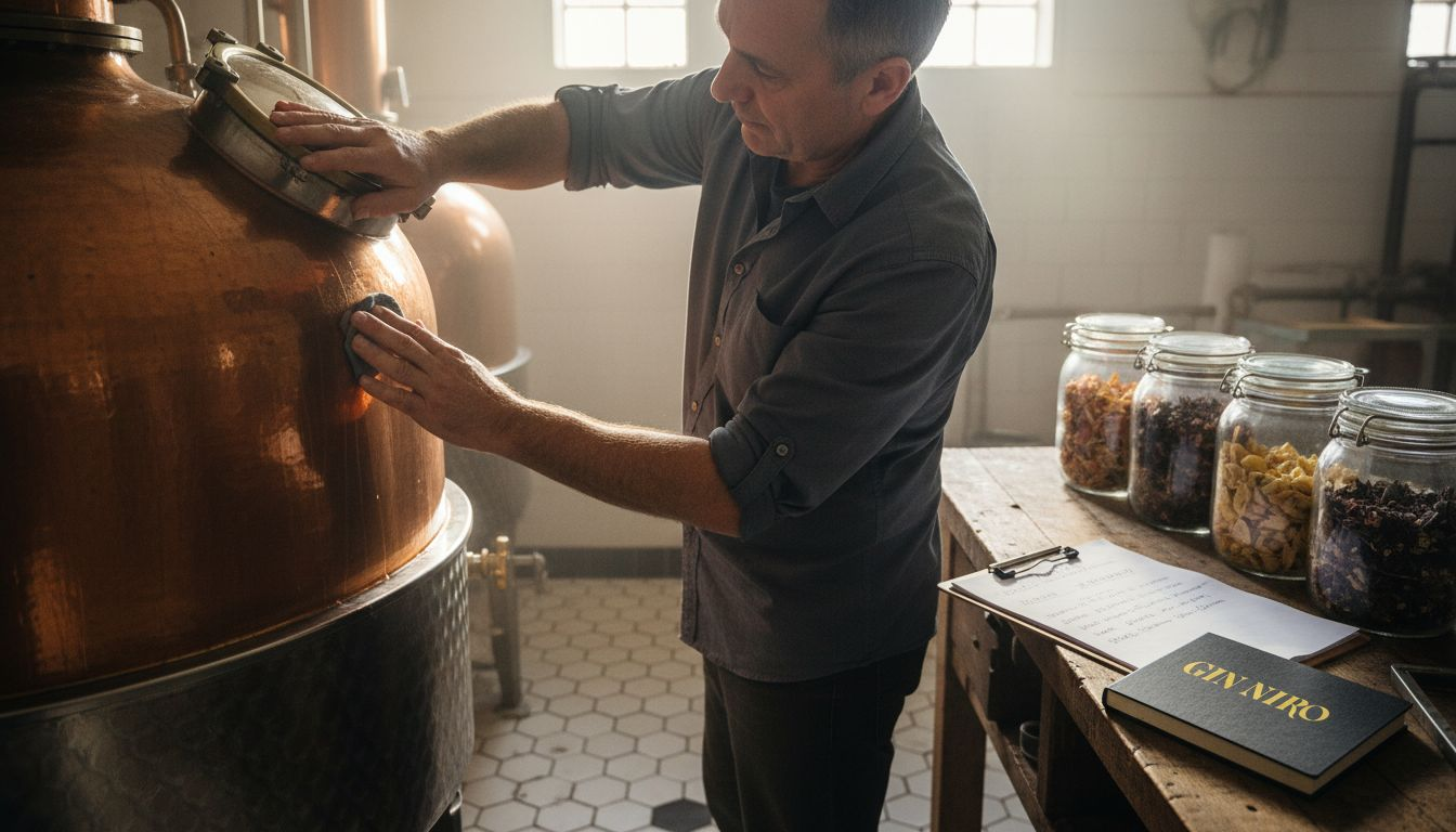 Distiller with copper still and gin botanicals