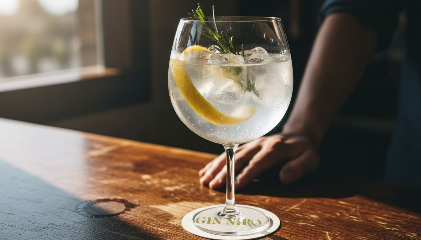 Primo piano di un gin tonic servito in un elegante bicchiere balloon