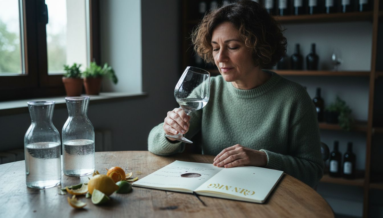 Donna che annusa il gin per valutarne il profumo durante una degustazione.
