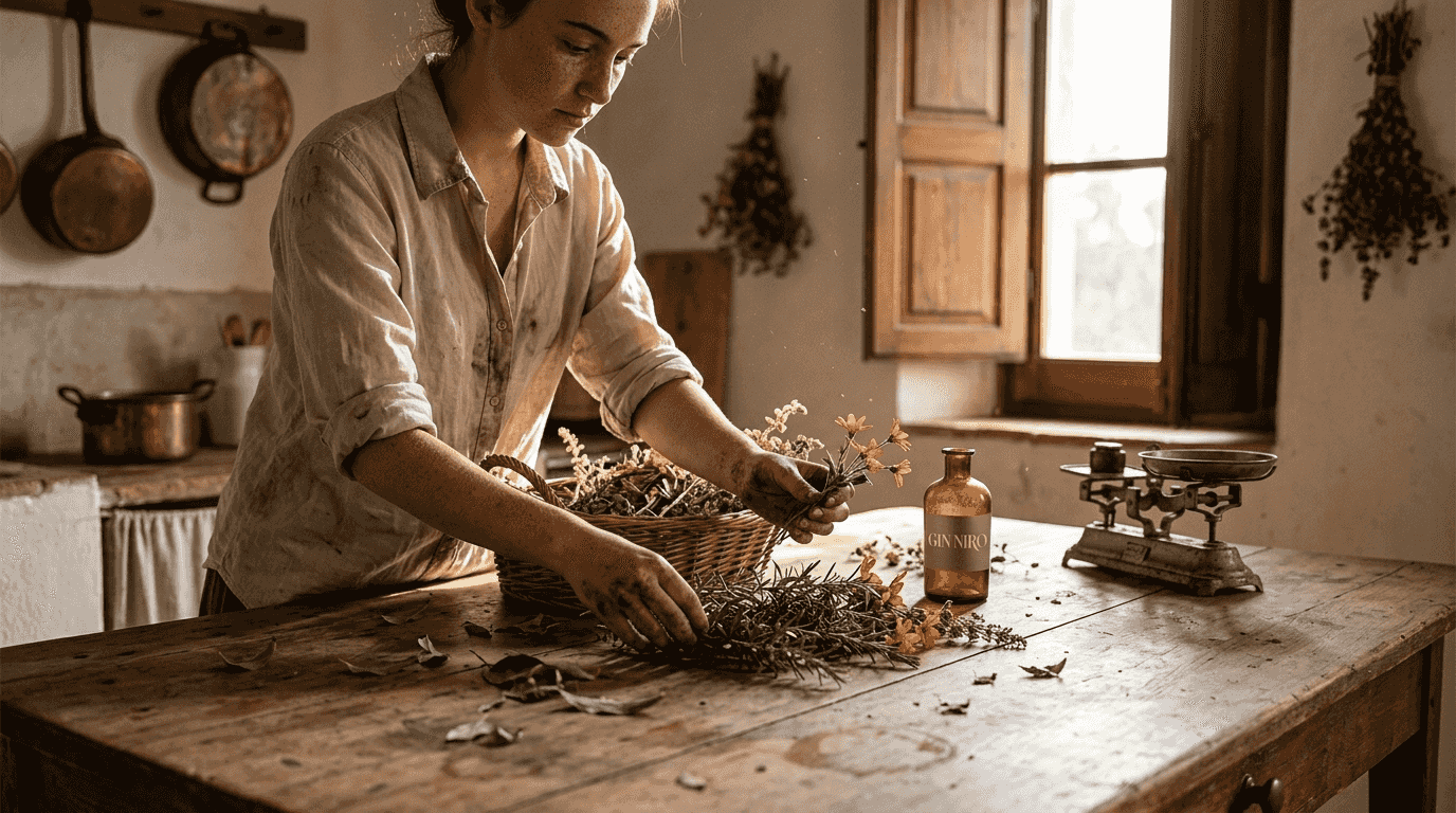 Donna che sceglie con cura erbe fresche disposte sul tavolo