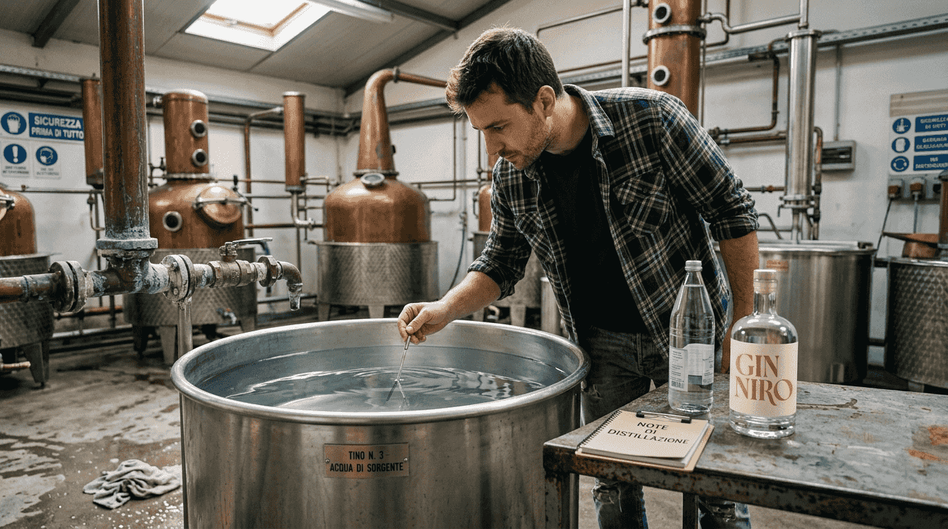 Un tecnico controlla la vasca dell’acqua all’interno della distilleria di gin.