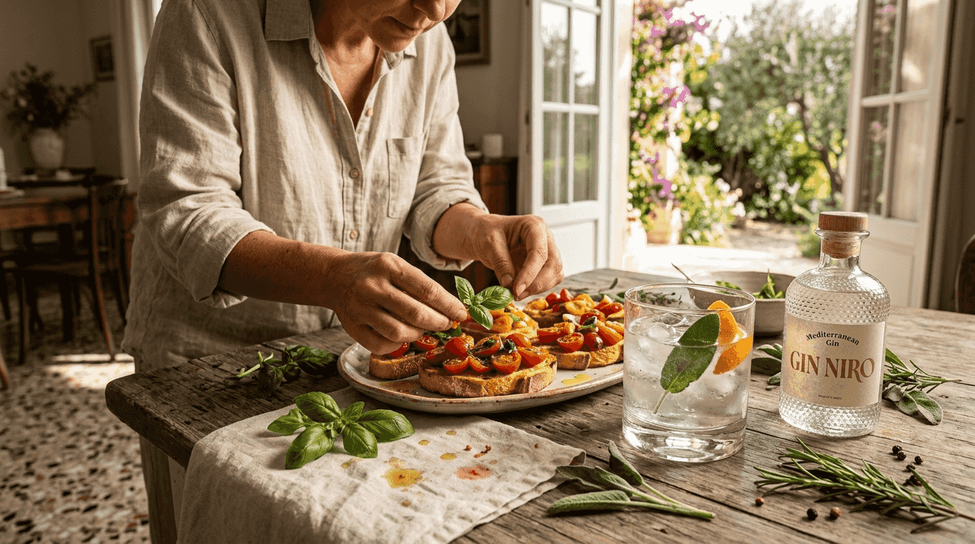 Una donna si dedica alla preparazione di un abbinamento tutto mediterraneo: gin aromatico e bruschette sfiziose.