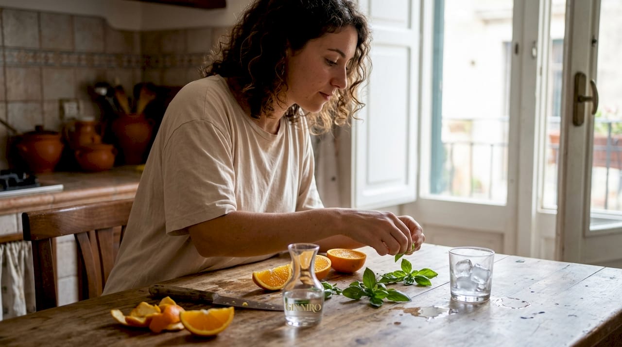Una donna sceglie con cura le migliori botaniche fresche per creare un gin dal carattere unico.