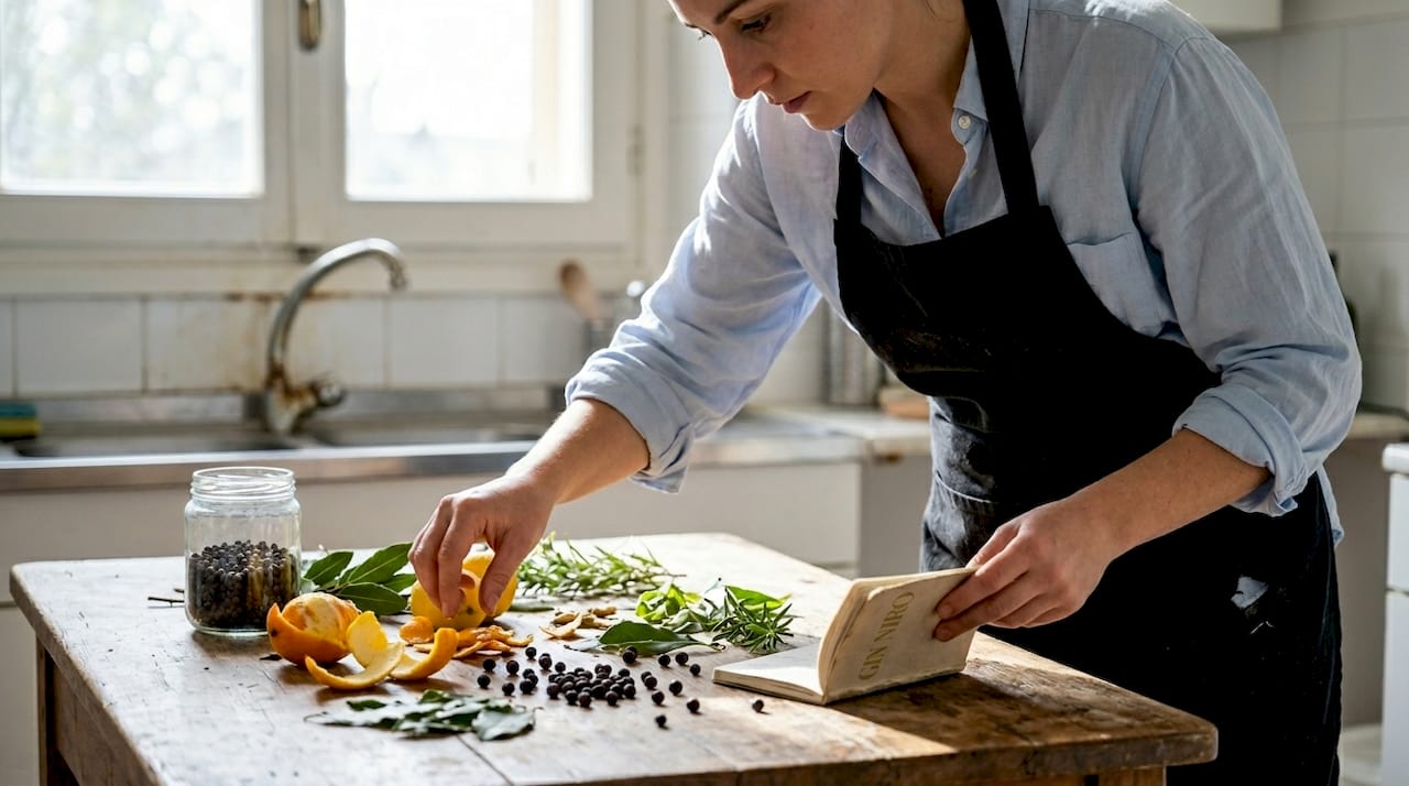 Una donna sistema le botaniche sul tavolo per preparare un gin speciale.