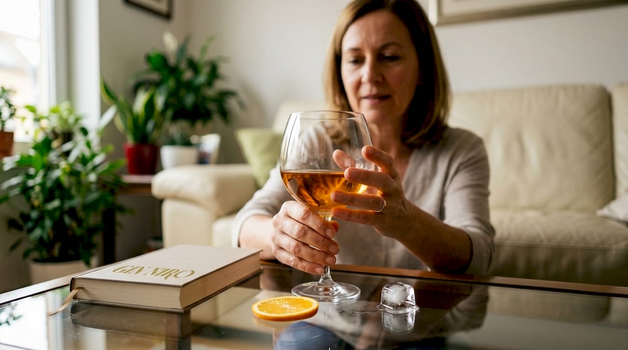 Una donna sorseggia del gin Zibibbo servito in un elegante bicchiere ballon.