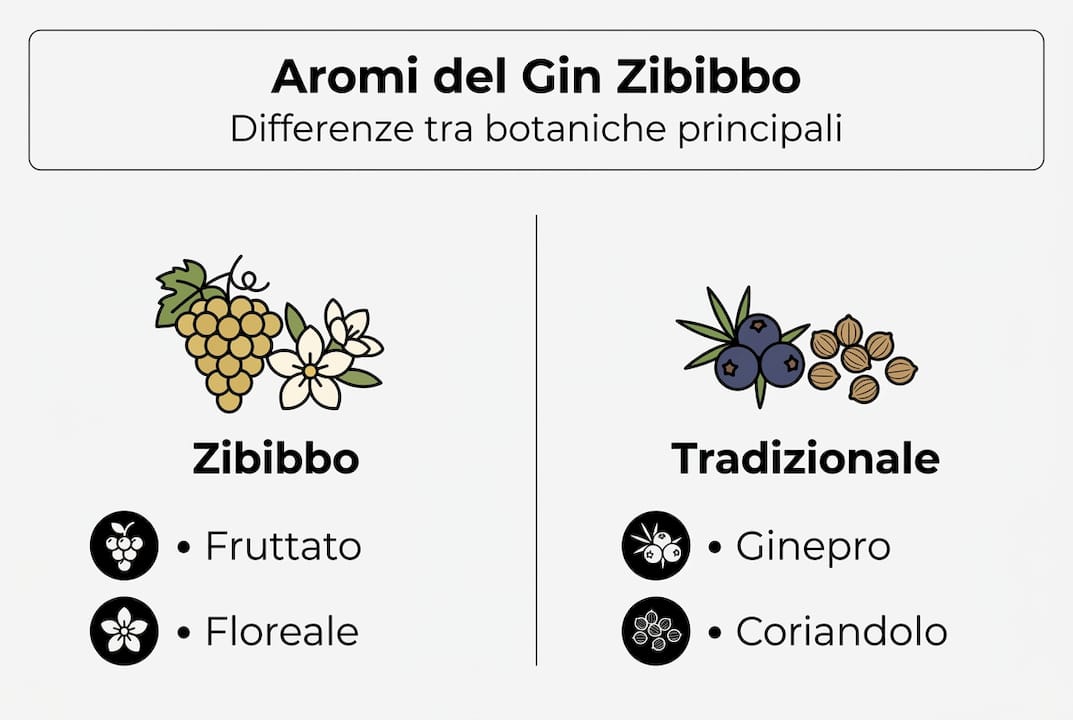 Infografica: le differenze tra le botaniche dello Zibibbo e quelle del gin tradizionale