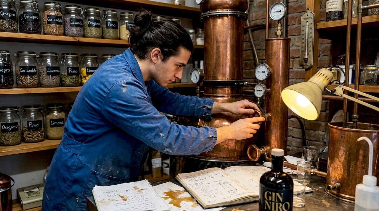Un tecnico si occupa della regolazione della distillazione del gin con il pot still, garantendo che ogni fase venga seguita con precisione per ottenere un prodotto di alta qualità.
