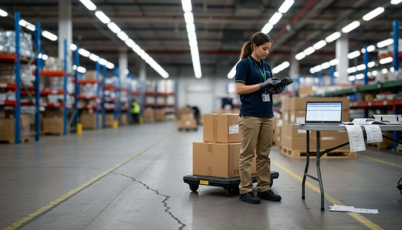 Technician using robotics in logistics center