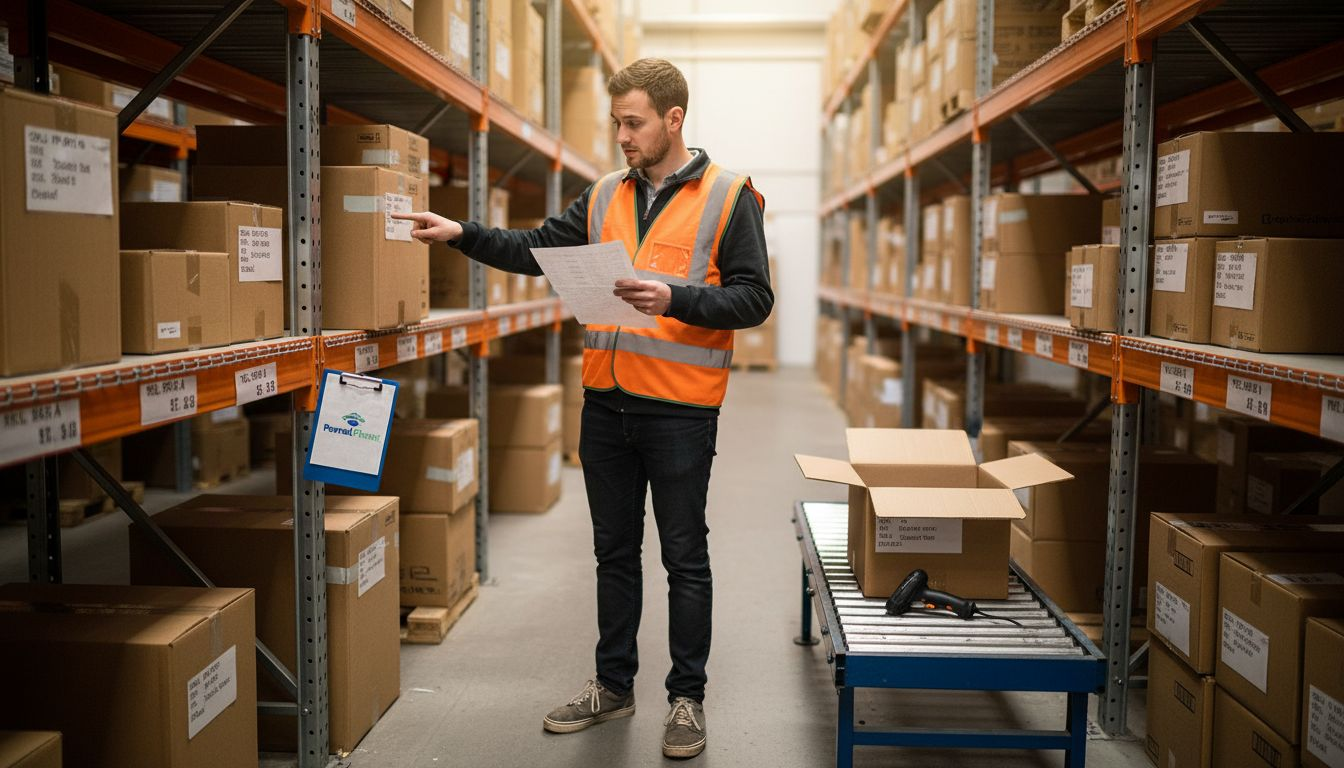 Worker double-checks SKU label in warehouse