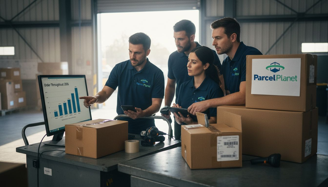 Warehouse staff review shipping automation data