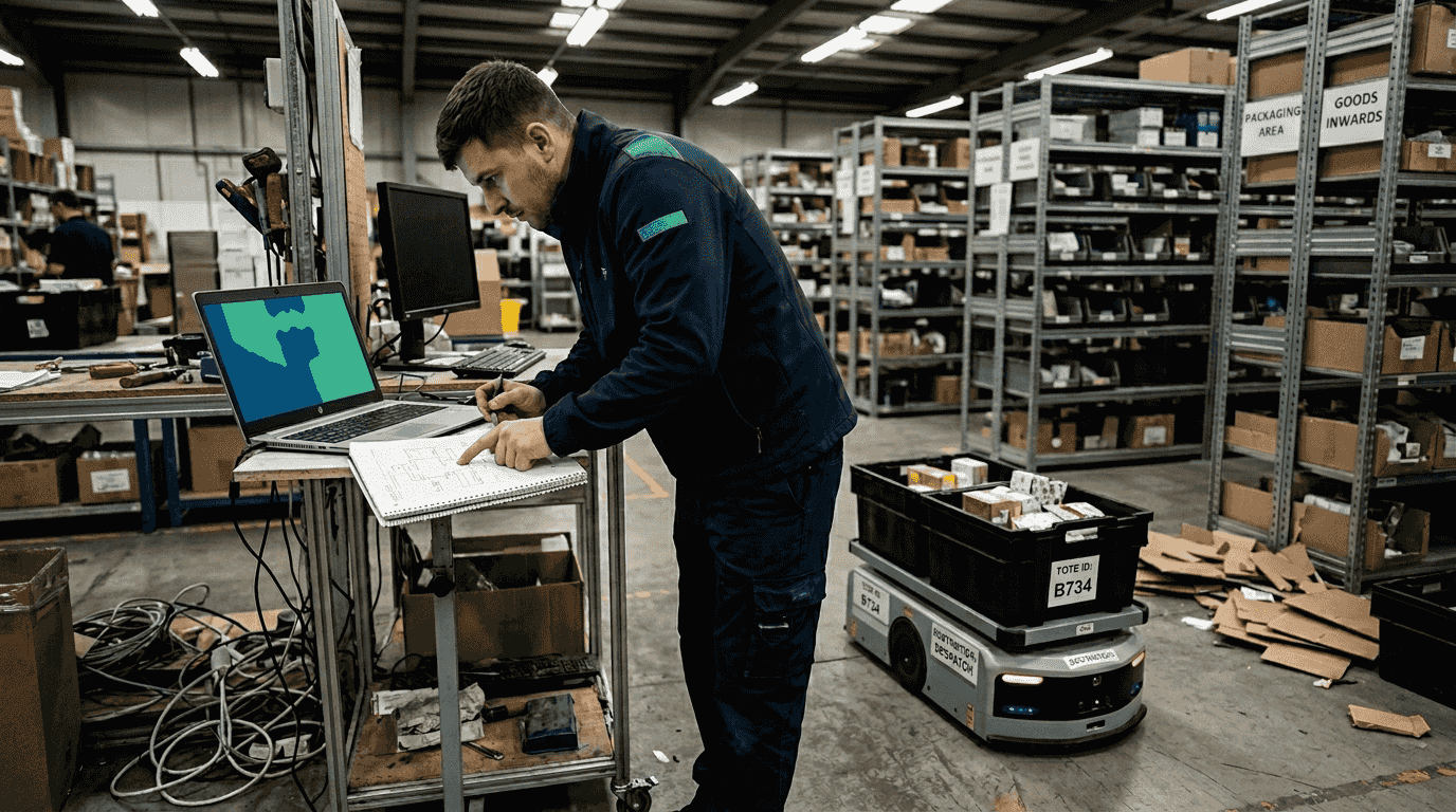 Warehouse workers monitoring fulfillment robots